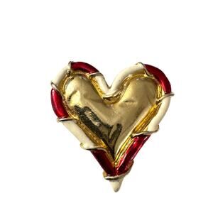 Vintage Heart Brooch Red White Goldtone Love Holidays Happiness